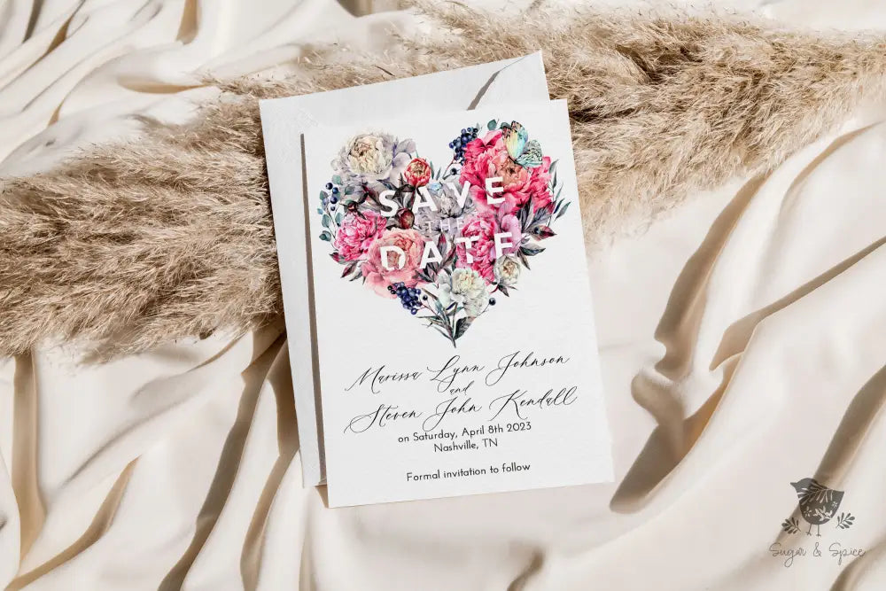 Floral Heart Save the Date - Premium Paper & Party Supplies > Paper > Invitations & Announcements > Invitations from Sugar and Spice Invitations - Just $2.50! Shop now at Sugar and Spice Paper