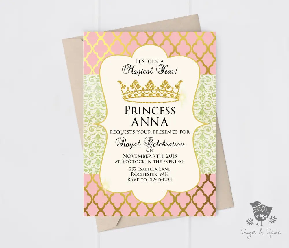 Gold and Pink Princess Birthday Invitation - Premium Digital File from Sugar and Spice Invitations - Just $1.95! Shop now at Sugar and Spice Paper