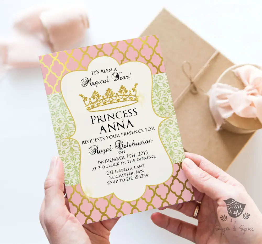 Gold and Pink Princess Birthday Invitation - Premium Digital File from Sugar and Spice Invitations - Just $1.95! Shop now at Sugar and Spice Paper