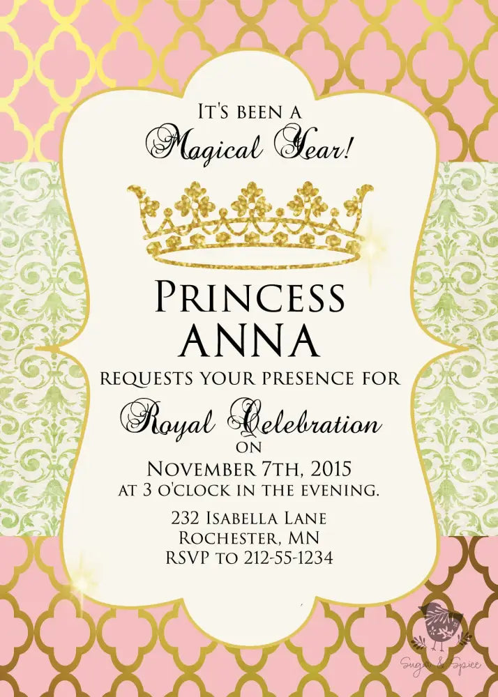 Gold And Pink Princess Birthday Invitation Digital File