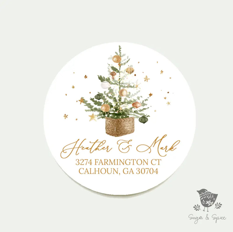 Gold Christmas Tree Return Address Sticker - Premium  from Sugar and Spice Invitations - Just $9.95! Shop now at Sugar and Spice Paper