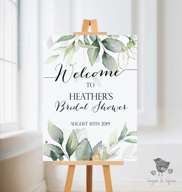 Gold Leaf And Greenery Welcome Sign
