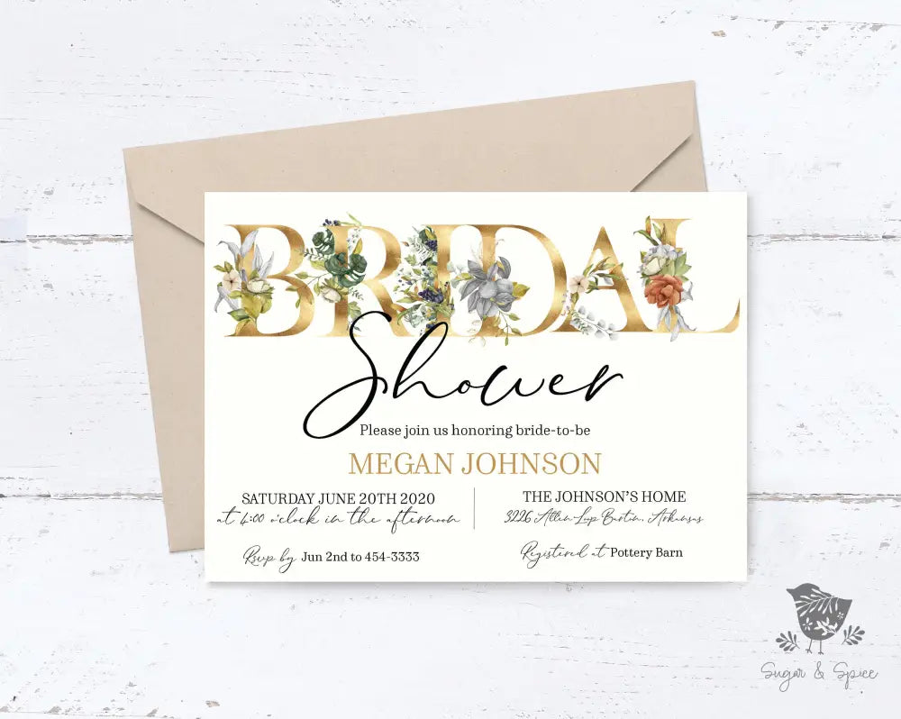 Gold Letter Floral Bridal Shower Invitation - Premium  from Sugar and Spice Invitations - Just $1.95! Shop now at Sugar and Spice Paper