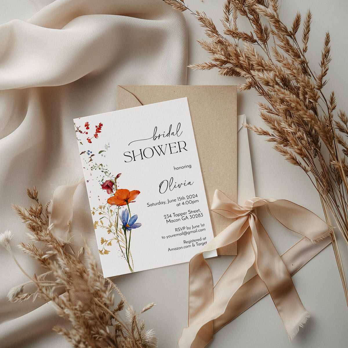 Orange & Blue Wildflower Bridal Shower Invitation