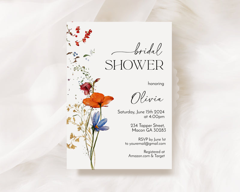 Orange & Blue Wildflower Bridal Shower Invitation