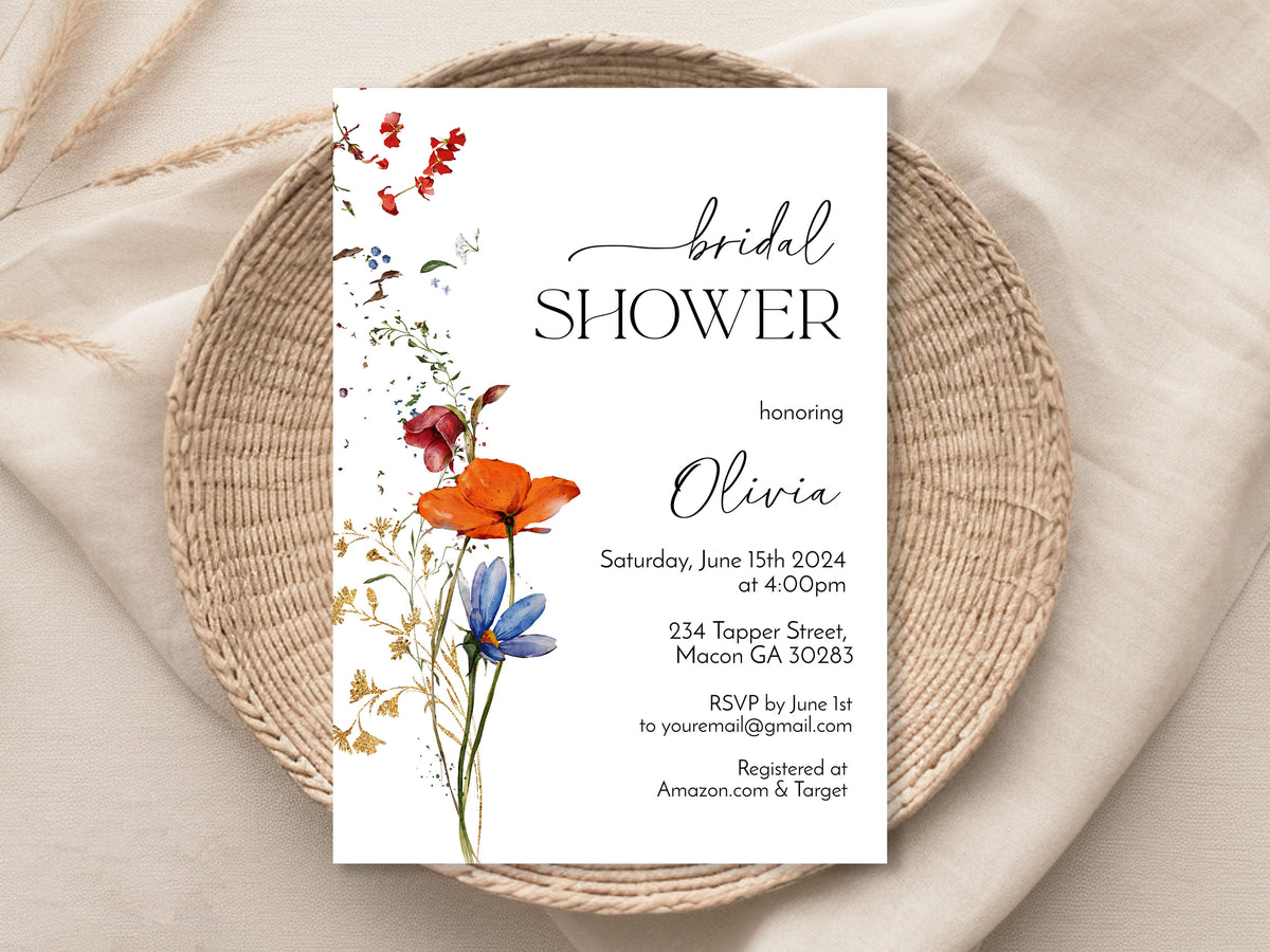 Orange & Blue Wildflower Bridal Shower Invitation