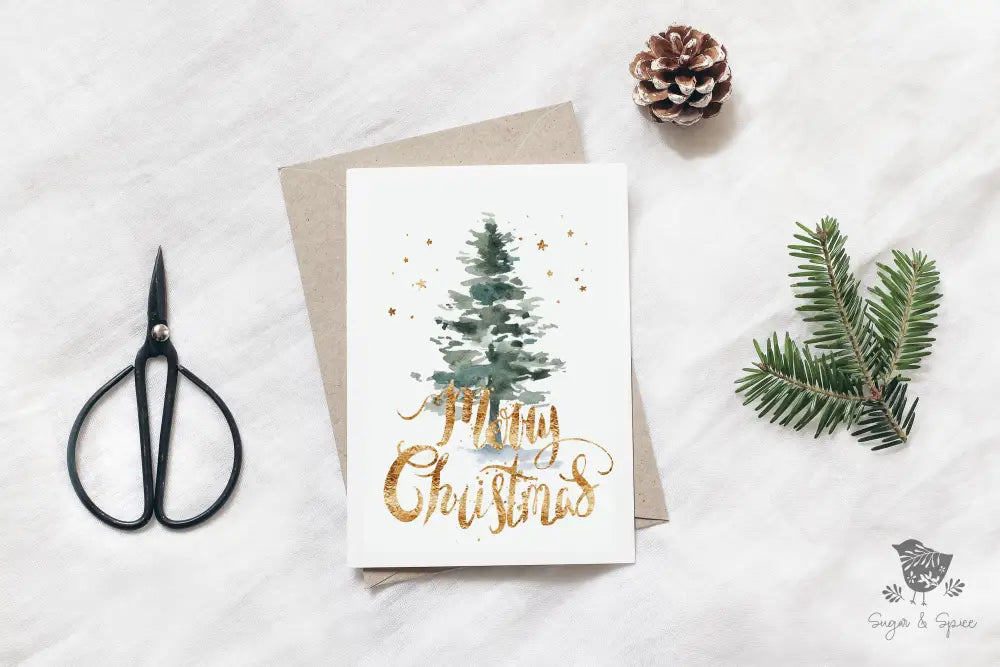 Gold Watercolor Christmas Tree Greeting Card - Premium  from Sugar and Spice Invitations - Just $5! Shop now at Sugar and Spice Paper