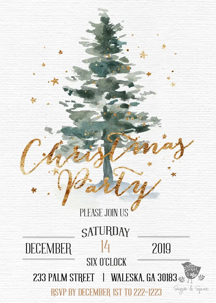 Gold Watercolor Tree Christmas Invitation - Premium Digital File from Sugar and Spice Invitations - Just $2.10! Shop now at Sugar and Spice Paper