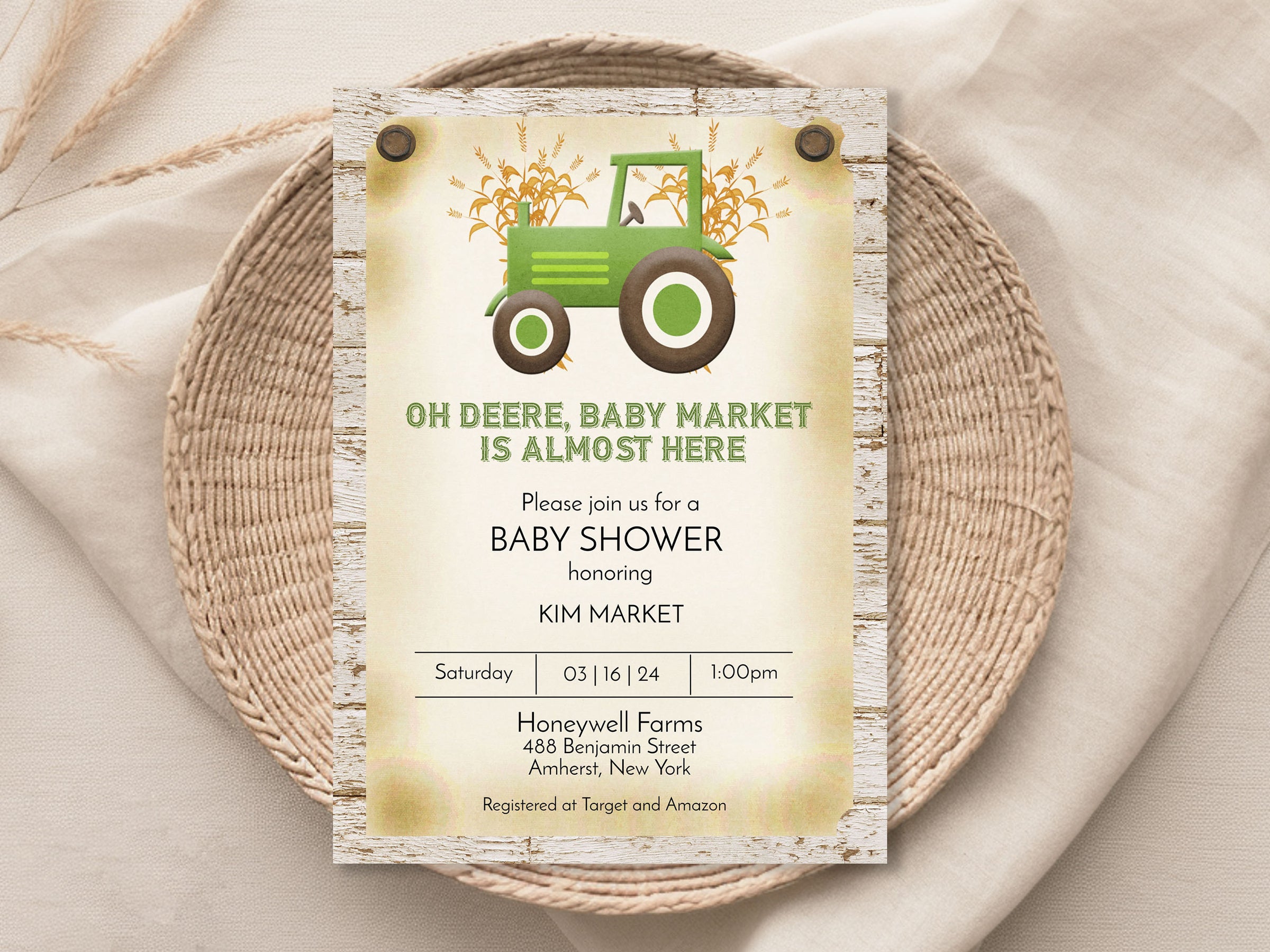 Green Tractor Farm Baby Shower Invitation