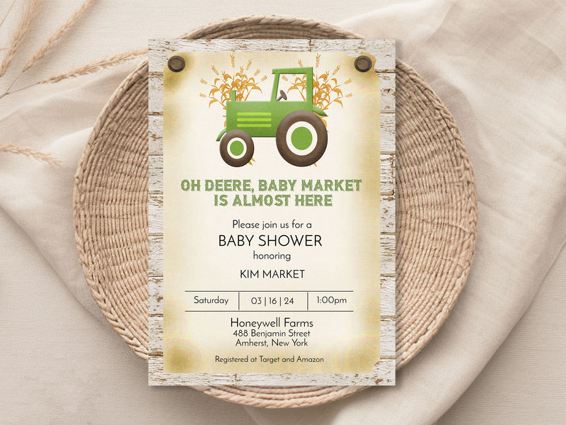 Green Tractor Farm Baby Shower Invitation