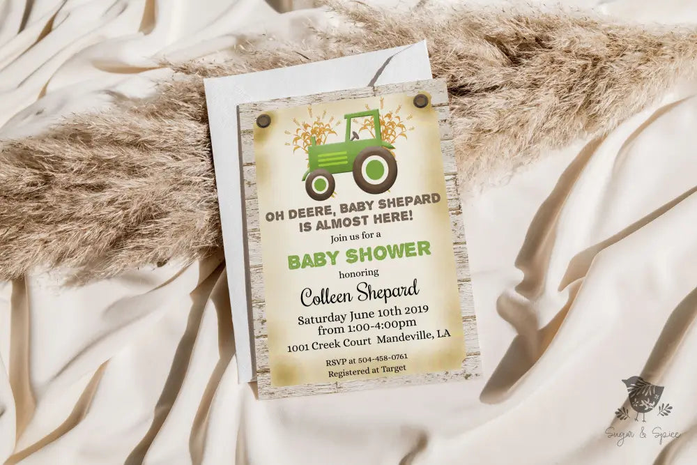 Green Tractor Farm Baby Shower Invitation - Premium  from Sugar and Spice Invitations - Just $1.95! Shop now at Sugar and Spice Paper