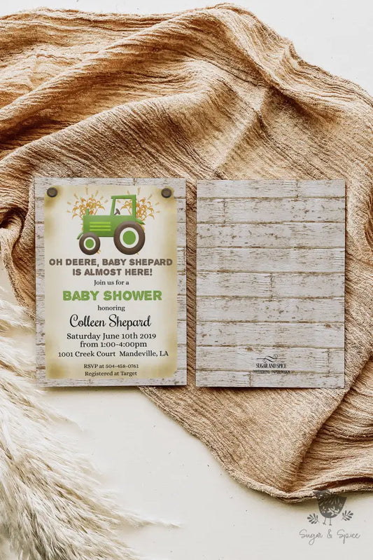 Green Tractor Farm Baby Shower Invitation - Premium  from Sugar and Spice Invitations - Just $1.95! Shop now at Sugar and Spice Paper