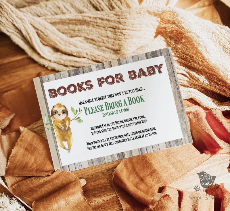 Hanging Rustic Sloth Books for Baby - Premium Paper & Party Supplies > Paper > Invitations & Announcements > Invitations from Sugar and Spice Invitations - Just $1.50! Shop now at Sugar and Spice Paper