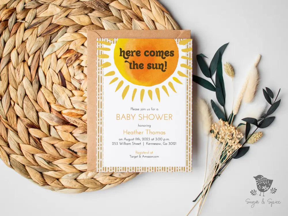 Here comes the Sun Baby Shower Invitation - Premium Paper & Party Supplies > Paper > Invitations & Announcements > Invitations from Sugar and Spice Invitations - Just $1.95! Shop now at Sugar and Spice Paper