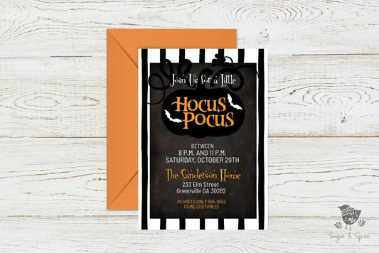 Hocus Pocus Pumpkin Halloween Invitation - Premium Digital File from Sugar and Spice Invitations - Just $2.10! Shop now at Sugar and Spice Paper