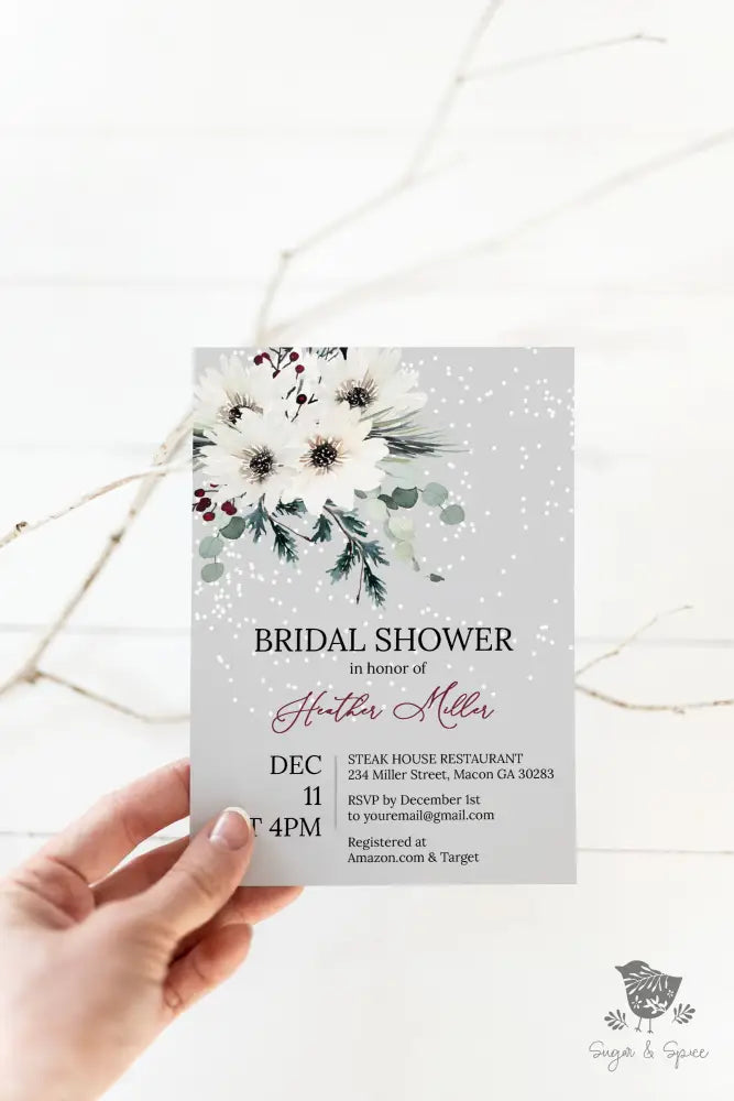 Holiday Floral Snow Bridal Shower Invitation - Premium  from Sugar and Spice Invitations - Just $1.95! Shop now at Sugar and Spice Paper