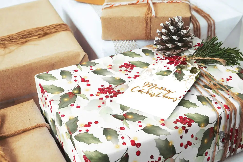 Holly and Lights Wrapping Paper - Premium Craft Supplies & Tools > Party & Gifting > Packaging & Wrapping from Sugar and Spice Invitations - Just $26.10! Shop now at Sugar and Spice Paper