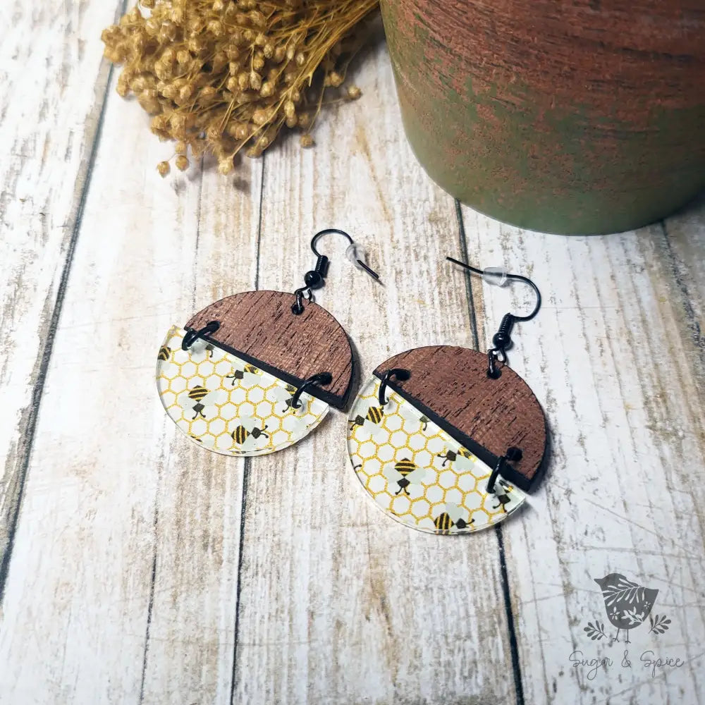 Honey Bees Acrylic & Sapele Wood Laser Engraved Handmade Earrings - Premium  from Sugar and Spice Invitations - Just $11.25! Shop now at Sugar and Spice Paper