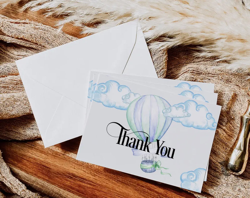 Hot Air Balloon Blue Thank You Card - Premium Paper & Party Supplies > Paper > Invitations & Announcements > Invitations from Sugar and Spice Invitations - Just $2.50! Shop now at Sugar and Spice Paper