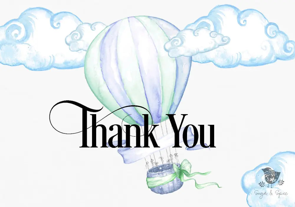 Hot Air Balloon Blue Thank You Card - Premium Paper & Party Supplies > Paper > Invitations & Announcements > Invitations from Sugar and Spice Invitations - Just $2.50! Shop now at Sugar and Spice Paper