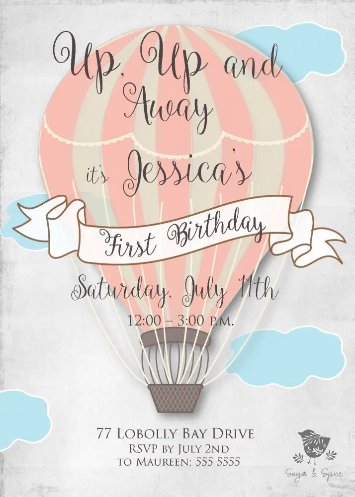 Hot Air Balloon Pink Birthday Invitation Digital File
