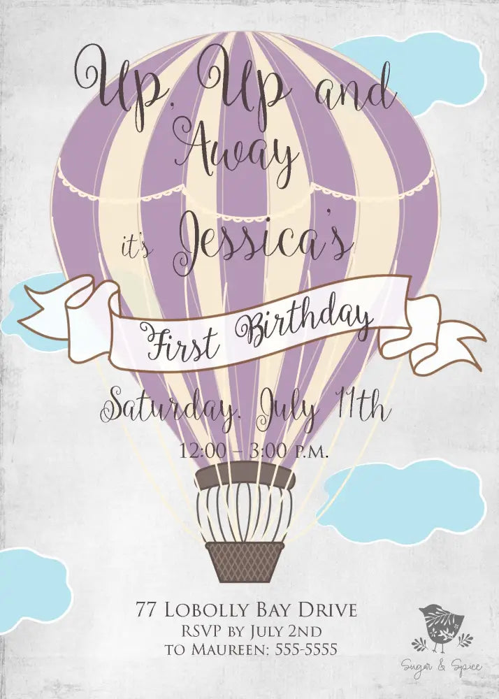 Hot Air Balloon Purple Birthday Invitation - Premium Digital File from Sugar and Spice Invitations - Just $1.95! Shop now at Sugar and Spice Paper