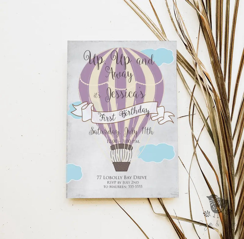 Hot Air Balloon Purple Birthday Invitation - Premium Digital File from Sugar and Spice Invitations - Just $1.95! Shop now at Sugar and Spice Paper