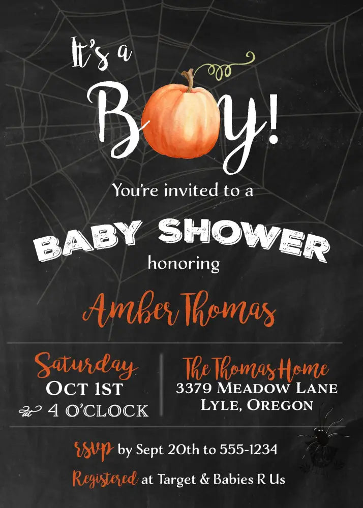 It's a Boy Pumpkin Halloween Shower Invitation - Premium Paper & Party Supplies > Paper > Invitations & Announcements > Invitations from Sugar and Spice Invitations - Just $1.95! Shop now at Sugar and Spice Paper