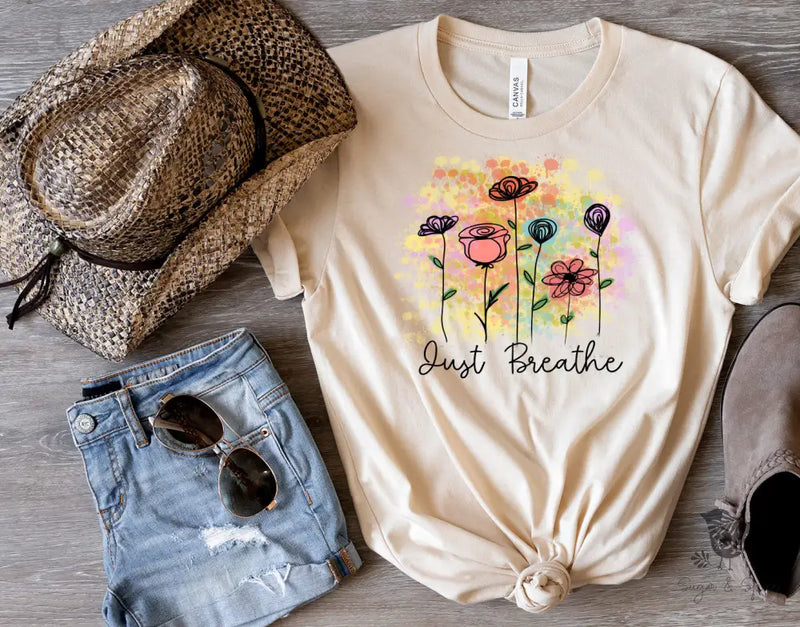 Just Breathe Wild Flower T-Shirt - Premium T-Shirt from Printify - Just $24.87! Shop now at Sugar and Spice Paper