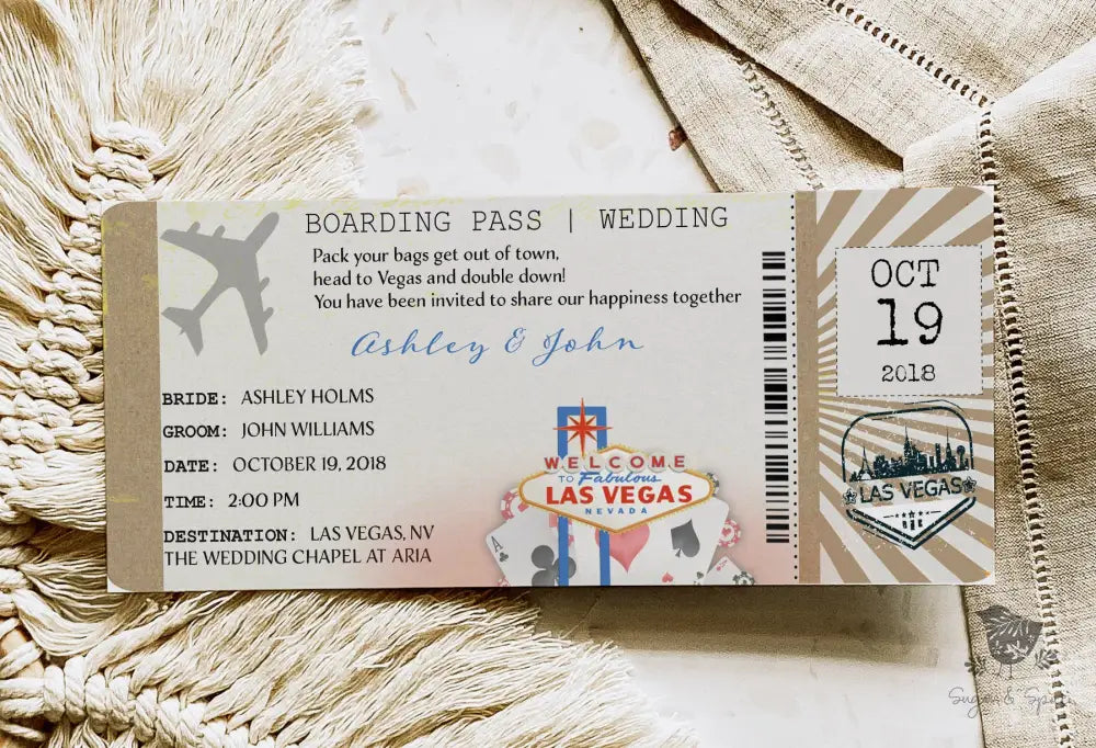 Las Vegas Boarding Pass Ticket Wedding Invitation - Premium Paper & Party Supplies > Paper > Invitations & Announcements > Invitations from Sugar and Spice Invitations - Just $2.10! Shop now at Sugar and Spice Paper