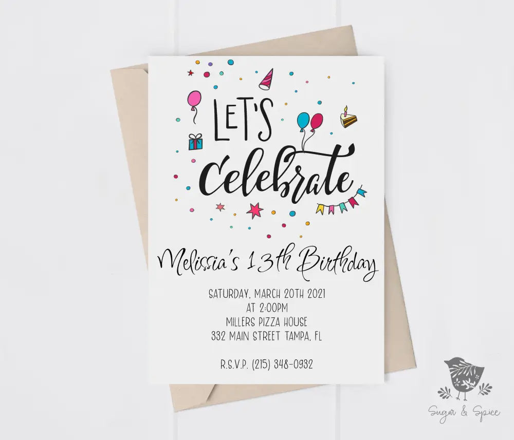 Let's Celebrate Birthday Invitation - Premium Digital File from Sugar and Spice Invitations - Just $1.95! Shop now at Sugar and Spice Paper