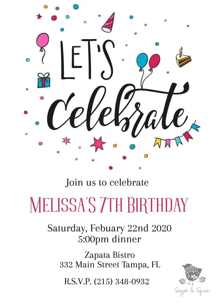 Let's Celebrate Birthday Invitation - Premium Digital File from Sugar and Spice Invitations - Just $1.95! Shop now at Sugar and Spice Paper