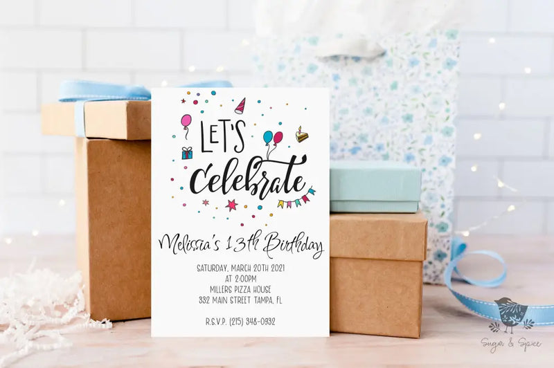 Let's Celebrate Birthday Invitation - Premium Digital File from Sugar and Spice Invitations - Just $1.95! Shop now at Sugar and Spice Paper