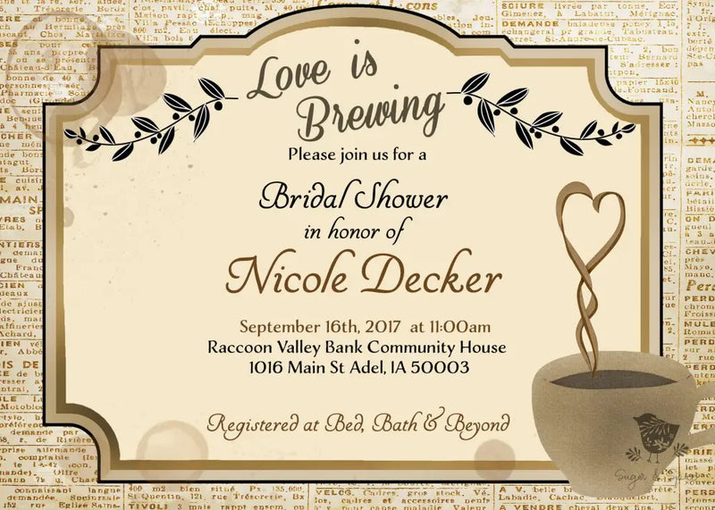 Love is Brewing Coffee Bridal Shower Invitation - Premium  from Sugar and Spice Invitations - Just $1.95! Shop now at Sugar and Spice Paper