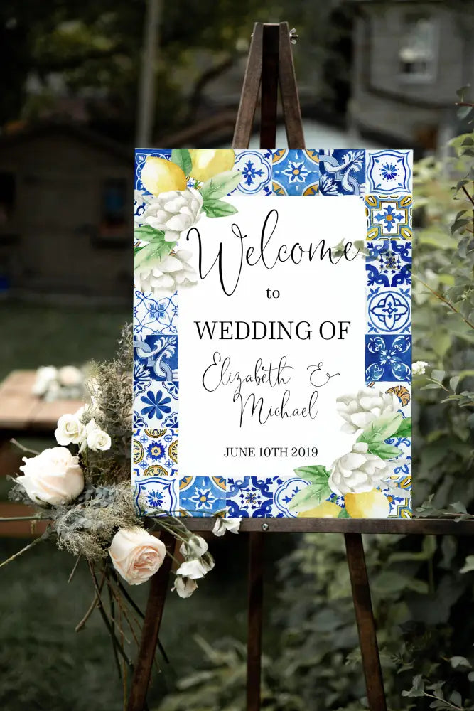 Mediterranean Lemon Blue Tile Welcome Sign - Premium  from Sugar and Spice Invitations - Just $35! Shop now at Sugar and Spice Paper