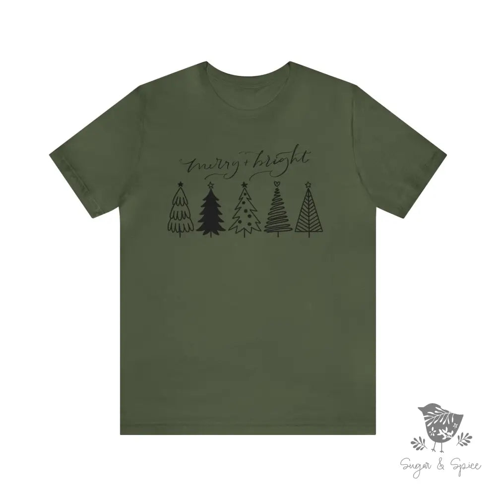 Merry And Bright Christmas T-Shirt Military Green / S