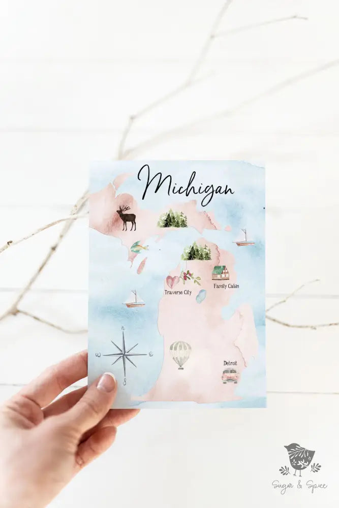 Michigan Watercolor Map Save the Date - Premium Paper & Party Supplies > Paper > Invitations & Announcements > Invitations from Sugar and Spice Invitations - Just $2.50! Shop now at Sugar and Spice Paper