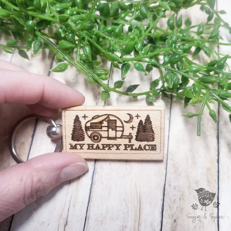 My Happy Place Camper Wood KeyChain - Premium  from Sugar and Spice Paper & Gift - Just $8! Shop now at Sugar and Spice Paper