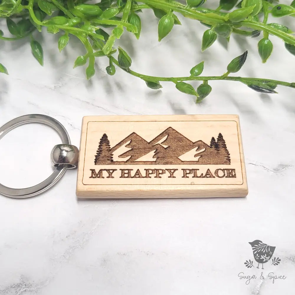 My Happy Place Mountain Wood KeyChain - Premium  from Sugar and Spice Paper & Gift - Just $8! Shop now at Sugar and Spice Paper