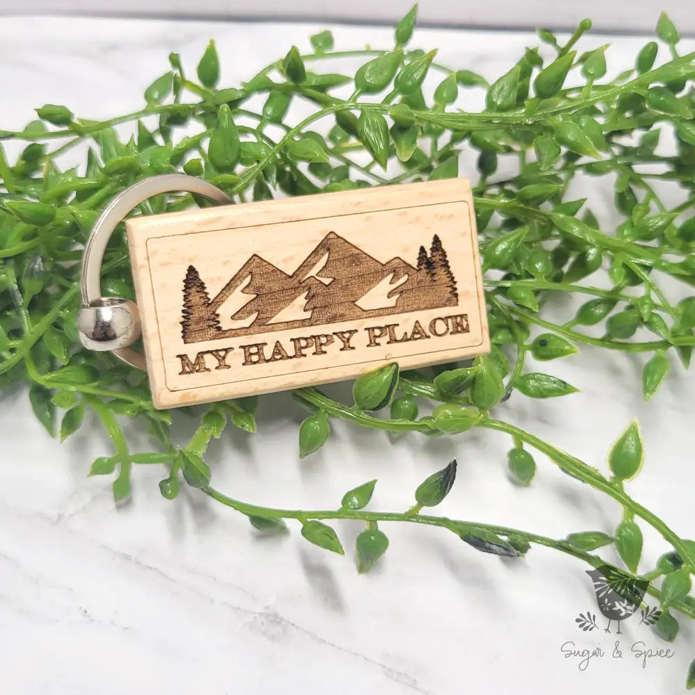 My Happy Place Mountain Wood KeyChain - Premium  from Sugar and Spice Paper & Gift - Just $8! Shop now at Sugar and Spice Paper
