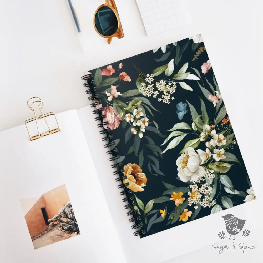Navy Flower Spiral Notebook - Ruled Line - Premium Paper products from Printify - Just $14! Shop now at Sugar and Spice Paper