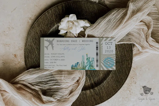 New York Boarding Pass Ticket Wedding Invitation - Premium Paper & Party Supplies > Paper > Invitations & Announcements > Invitations from Sugar and Spice Invitations - Just $2.10! Shop now at Sugar and Spice Paper