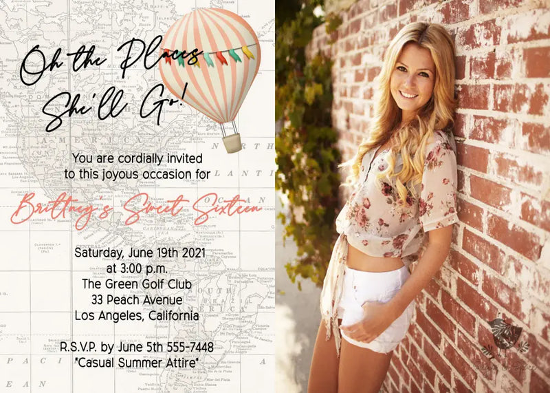 Oh the Places She'll Go Hot Air Balloon Birthday Invitation - Premium Digital File from Sugar and Spice Invitations - Just $1.95! Shop now at Sugar and Spice Paper