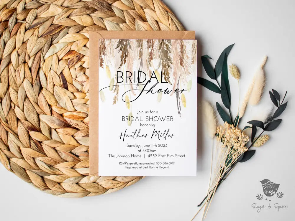 Pampas Grass Boho Bridal Shower Invitation - Premium  from Sugar and Spice Invitations - Just $1.95! Shop now at Sugar and Spice Paper