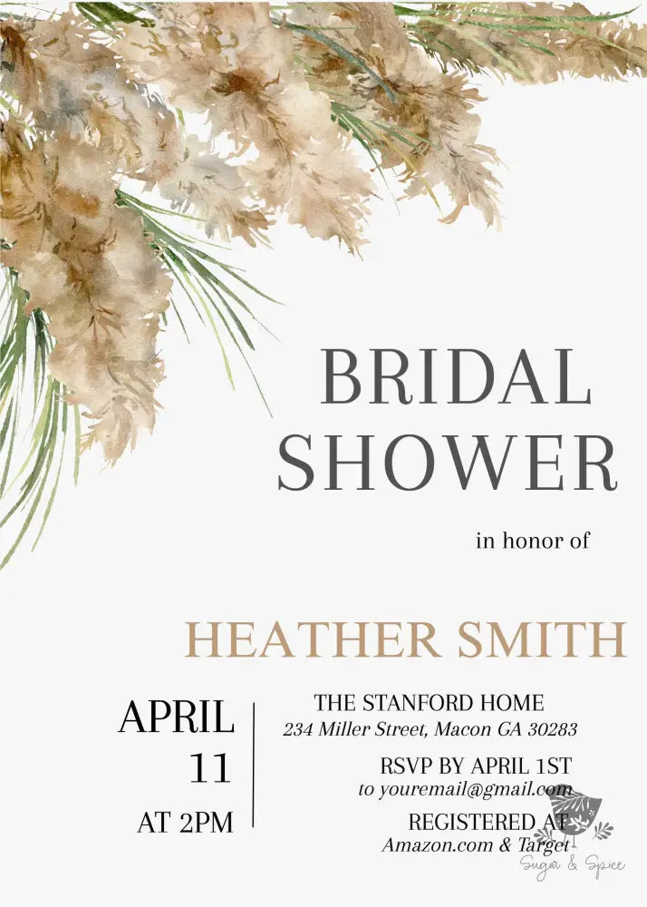 Pampas Grass Bridal Shower Invitation - Premium  from Sugar and Spice Invitations - Just $1.95! Shop now at Sugar and Spice Paper