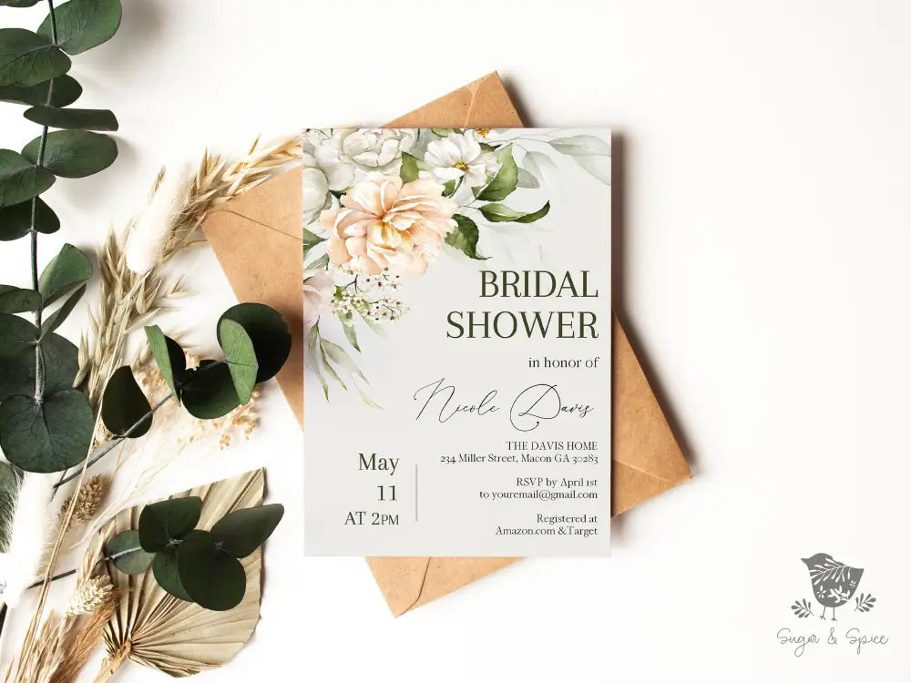 Peach Floral Forest Green Bridal Shower Invitation - Premium  from Sugar and Spice Invitations - Just $1.95! Shop now at Sugar and Spice Paper