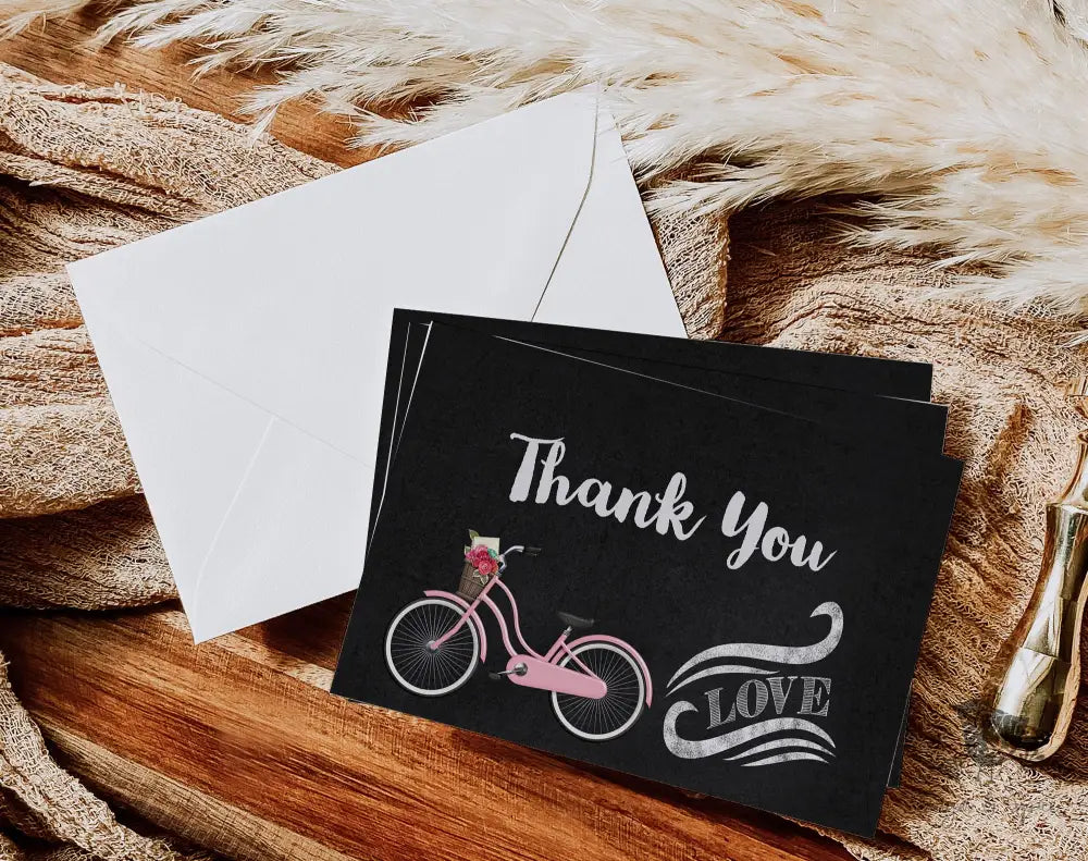 Pink Bike and Love Thank You Card - Premium Paper & Party Supplies > Paper > Invitations & Announcements > Invitations from Sugar and Spice Invitations - Just $2.50! Shop now at Sugar and Spice Paper
