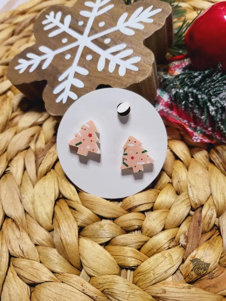 Pink Christmas Tree Cookie Stud Earrings