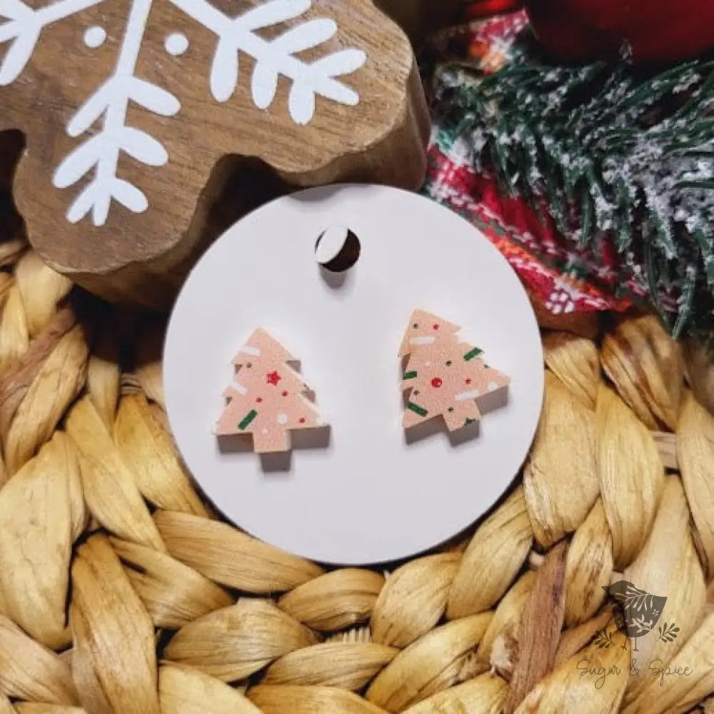 Pink Christmas Tree Cookie Stud Earrings