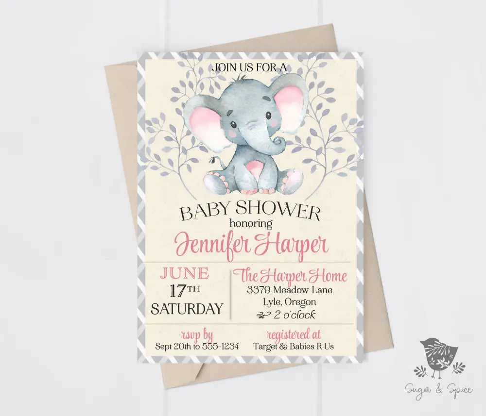 Pink Elephant Baby Shower Invitation - Premium  from Sugar and Spice Invitations - Just $1.95! Shop now at Sugar and Spice Paper
